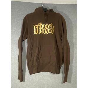 Vintage Obey Men's Gold Metallic Print Hoodie Brown Size Large